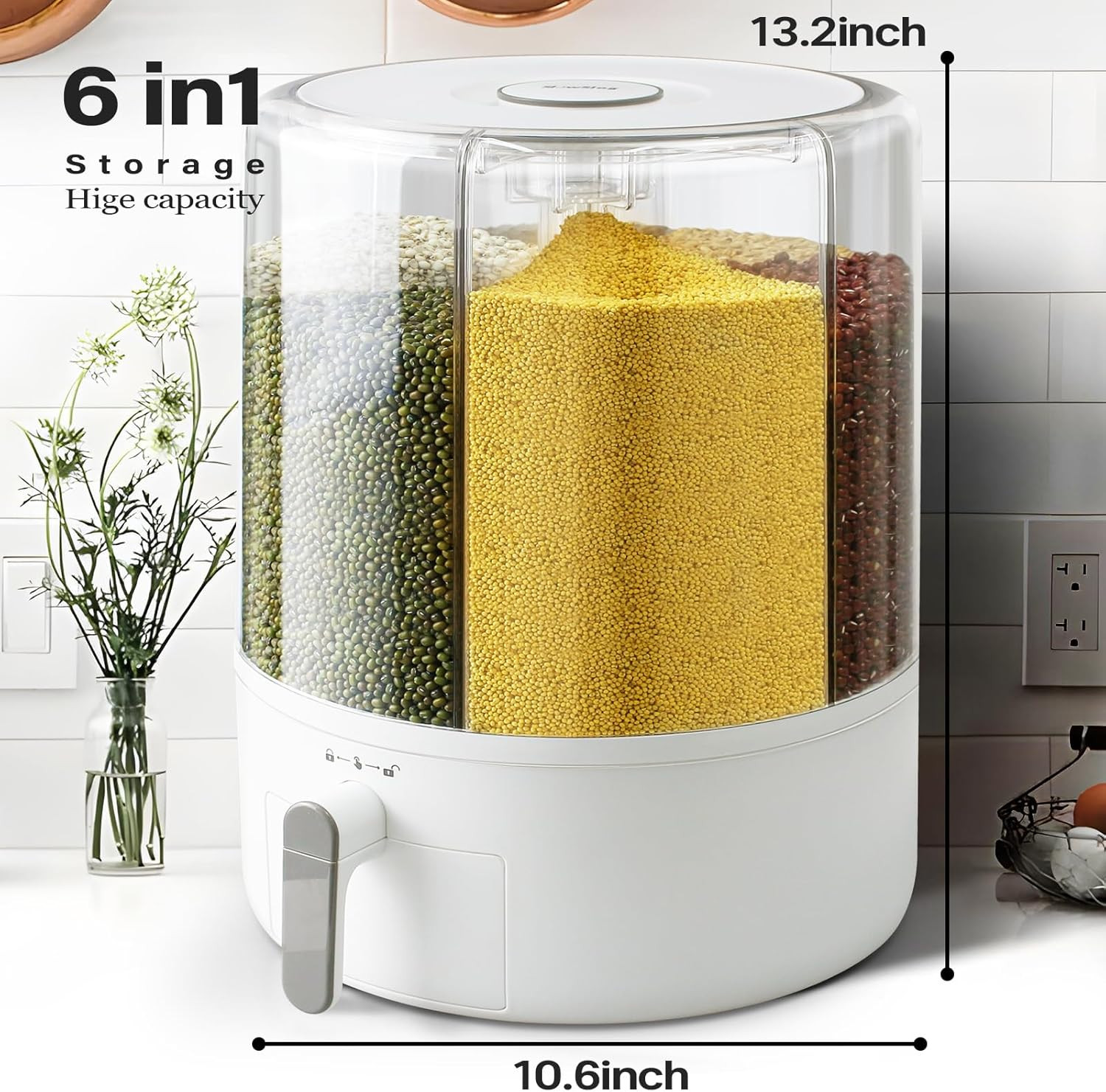 Grain and Rice Storage Container, 6 Grid Grain Dispenser, 360° Rotating 25Lb Lar