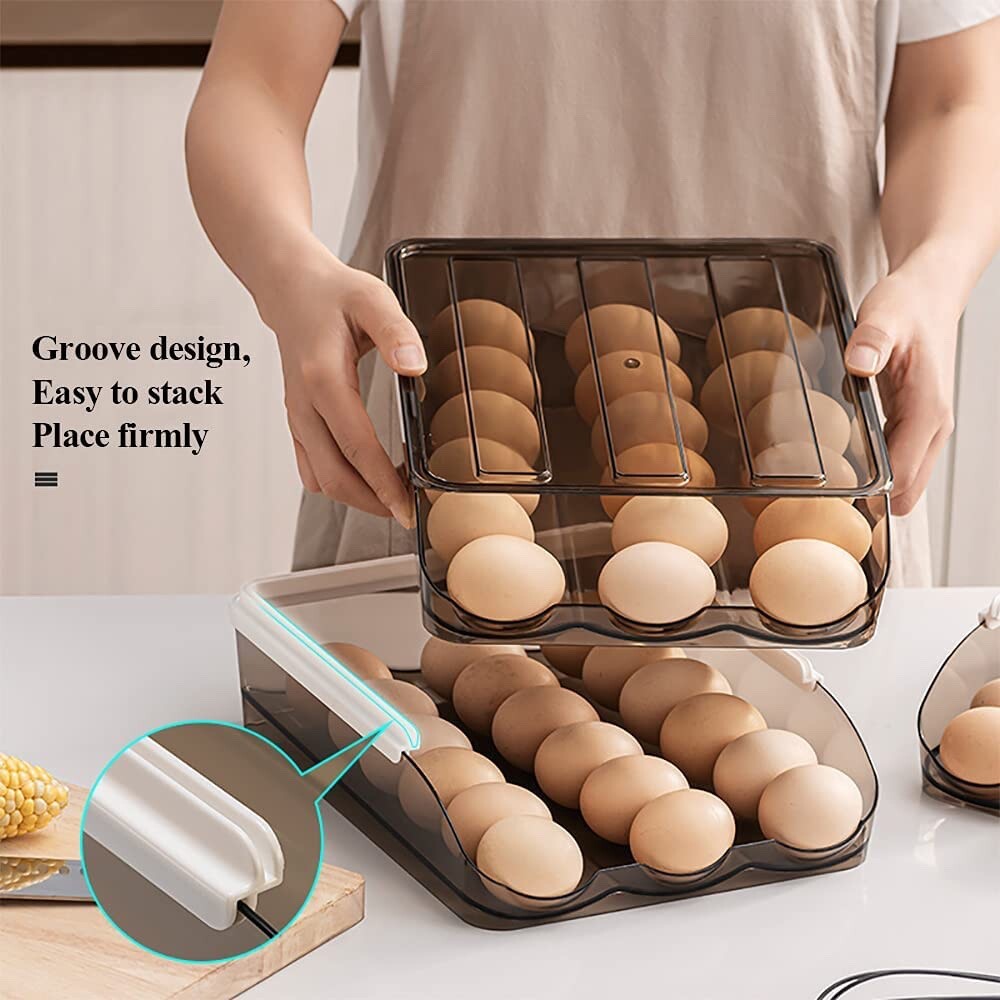 Auto Rolling Egg Holder Storage Box for Refrigerator Egg Tray Fridge Organizer