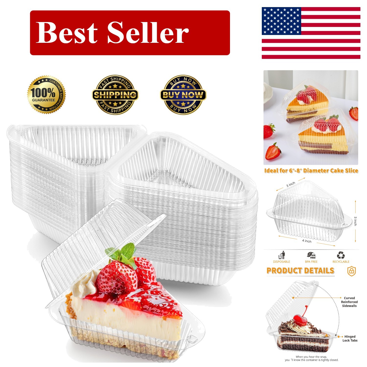 Zezzxu 100 Pack Cake Slice Containers, Clear Plastic Pie Slice Containers Dispos
