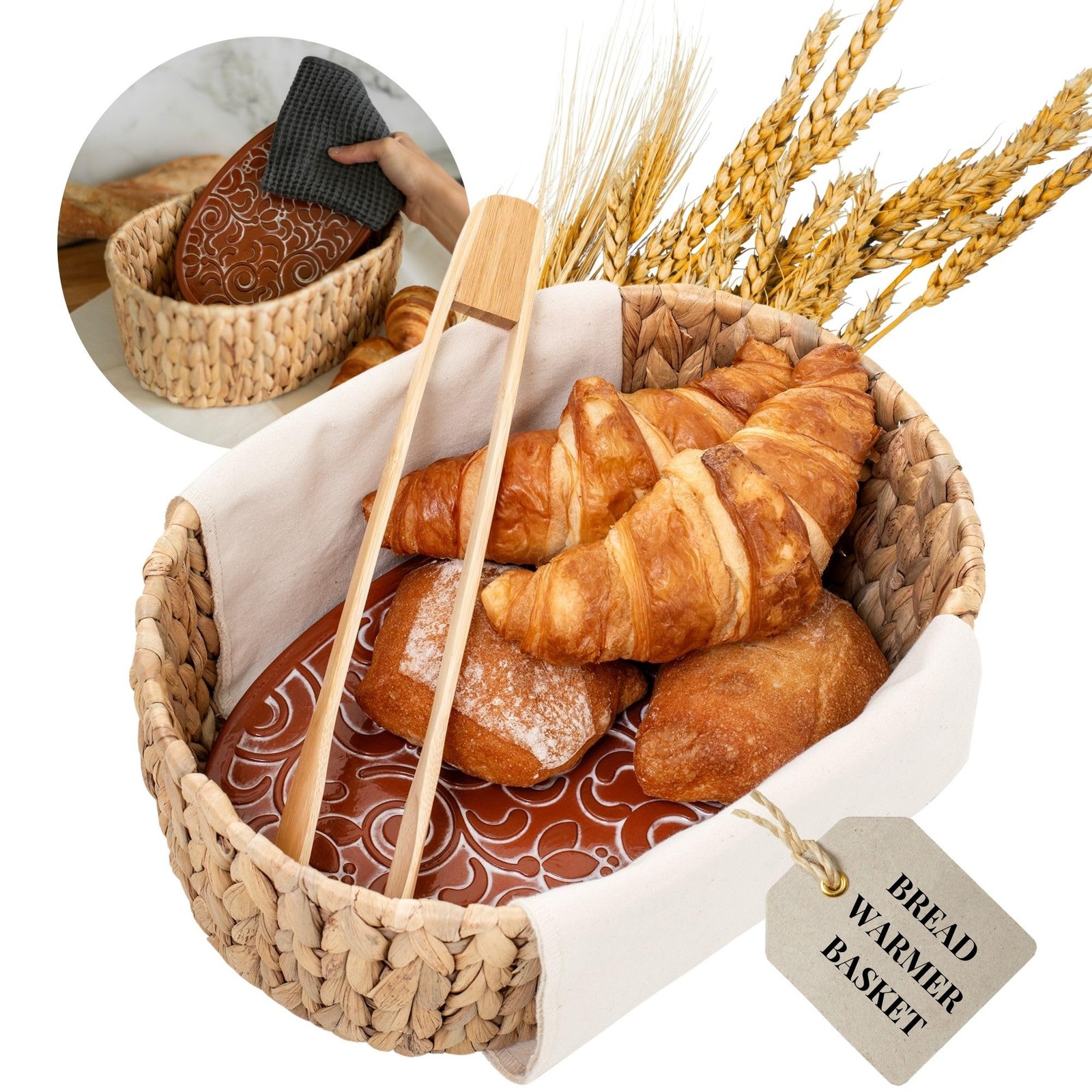 Bread Basket with Warmer & Tongs – Woven Serving Bread Basket with Terracotta…
