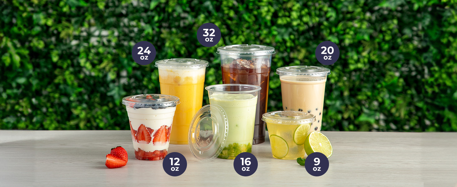 50 Pack 32 oz Clear Plastic Cups with Flat Lids, Disposable Iced Coffee Cups,