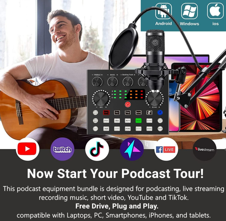 Kit podcast micrófono condensador con mezclador de voz para streaming en vivo