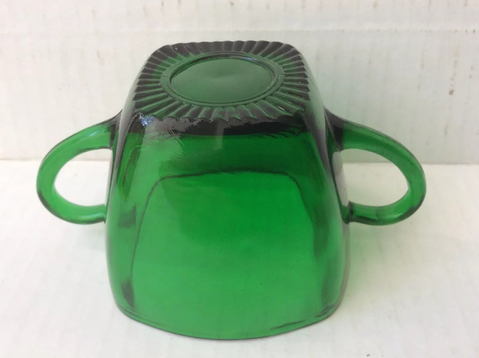 Lot of 4 Pcs Vintage Green Glass: 1 Vase & 2 Cups & 1 Cup W/ Double Handlers