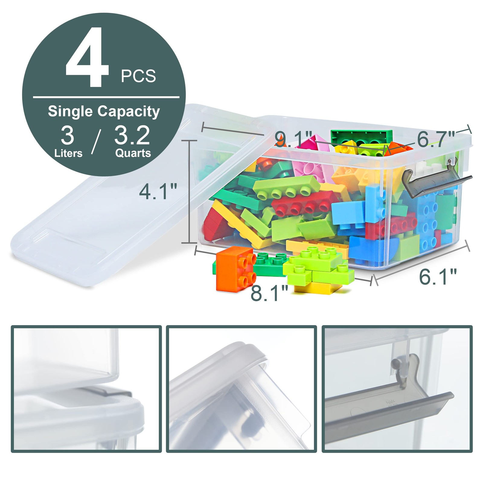 4~Pack Small Clear Storage Bins with Lids, 3.2 QT Stackable Containers