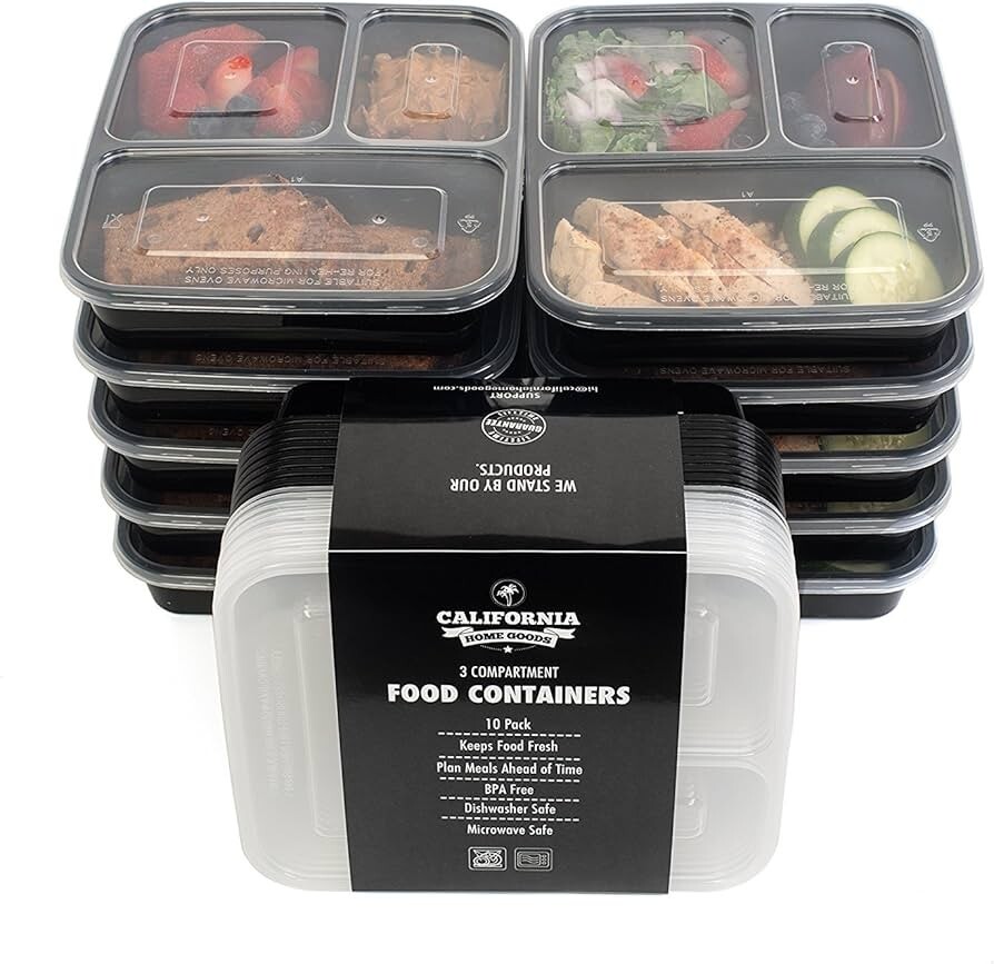 Bento Food Storage Lunch Containers 3 Conpartments 32 oz Reusable Black 10 Count