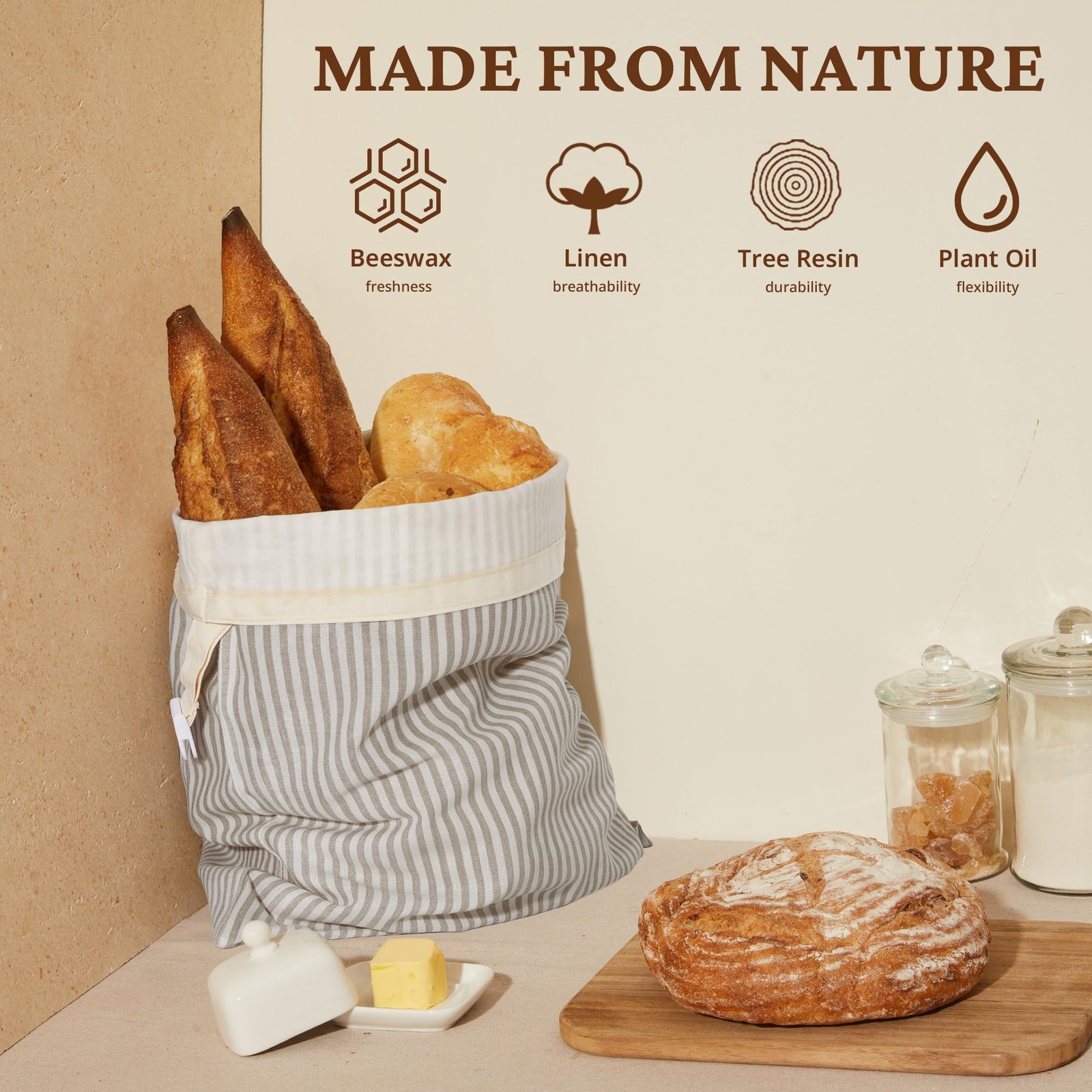 BRONYPRO Reusable Beeswax Linen Bread Bags – 2-Pack for Homemade Sourdough