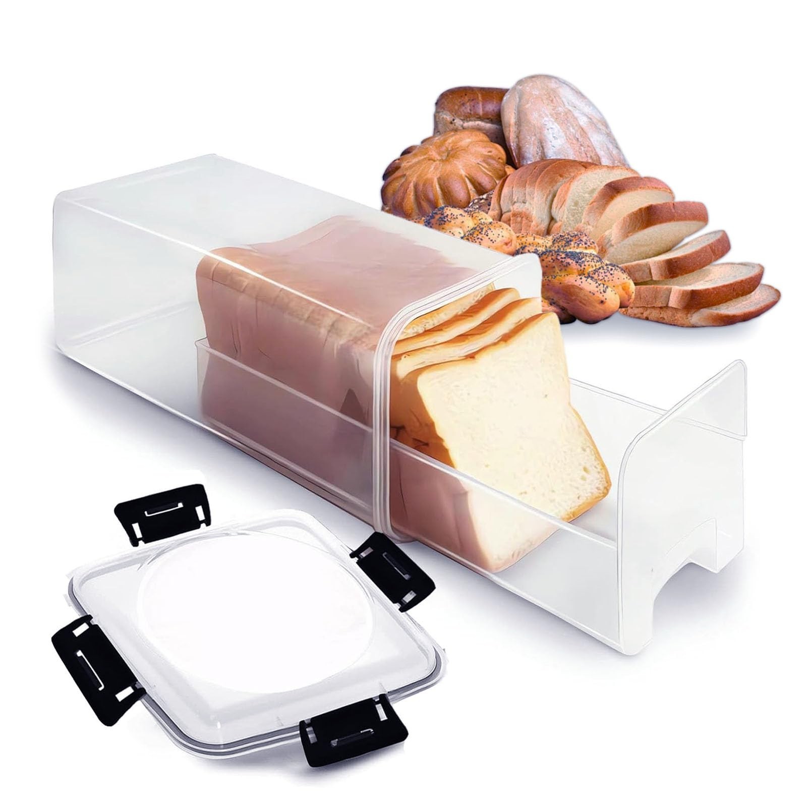 Airtight Slide-Out Bread Storage Box, Clear Plastic Container for Loaves & Bagel