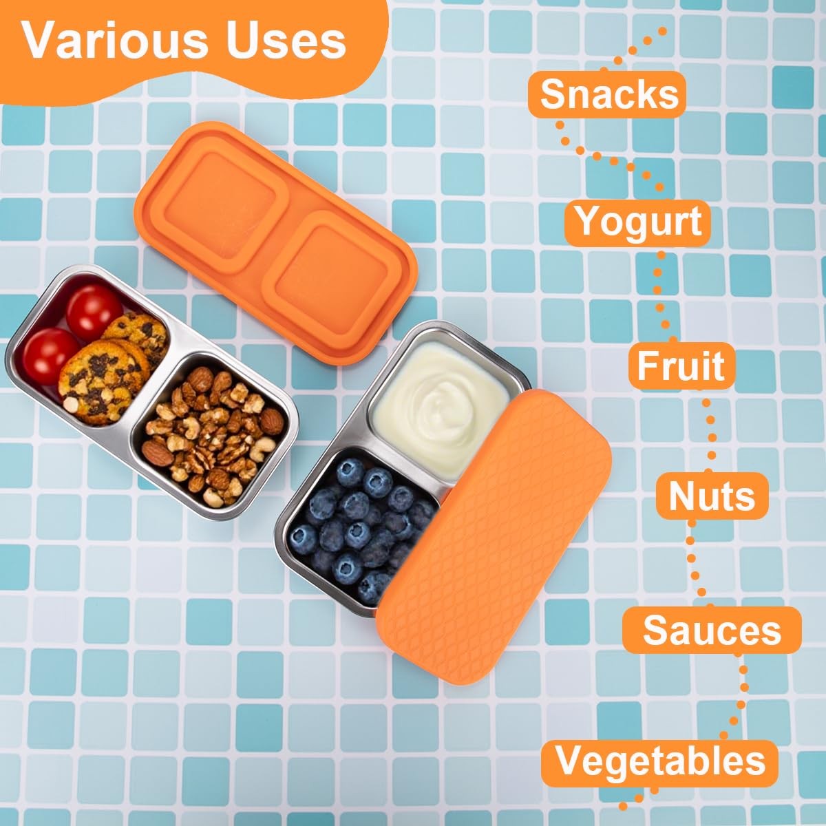 2-Compartment Stainless Steel Snack Containers, Reusable Snack Containers wit…