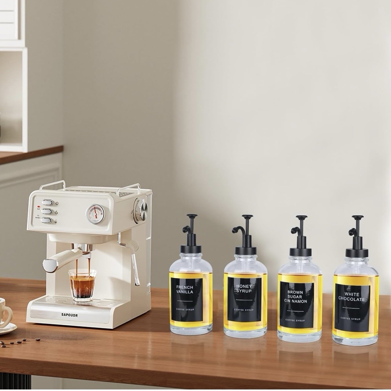 4PCS Coffee Syrup Dispenser Glass Syrup Dispenser for Coffee Bar w. Labels an…