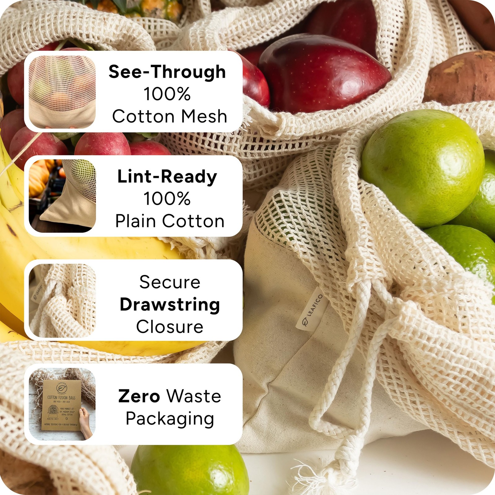 LEAFICO Reusable Produce Bags – 100% Cotton Mesh & Solid Hybrid (Medium 10×12 in