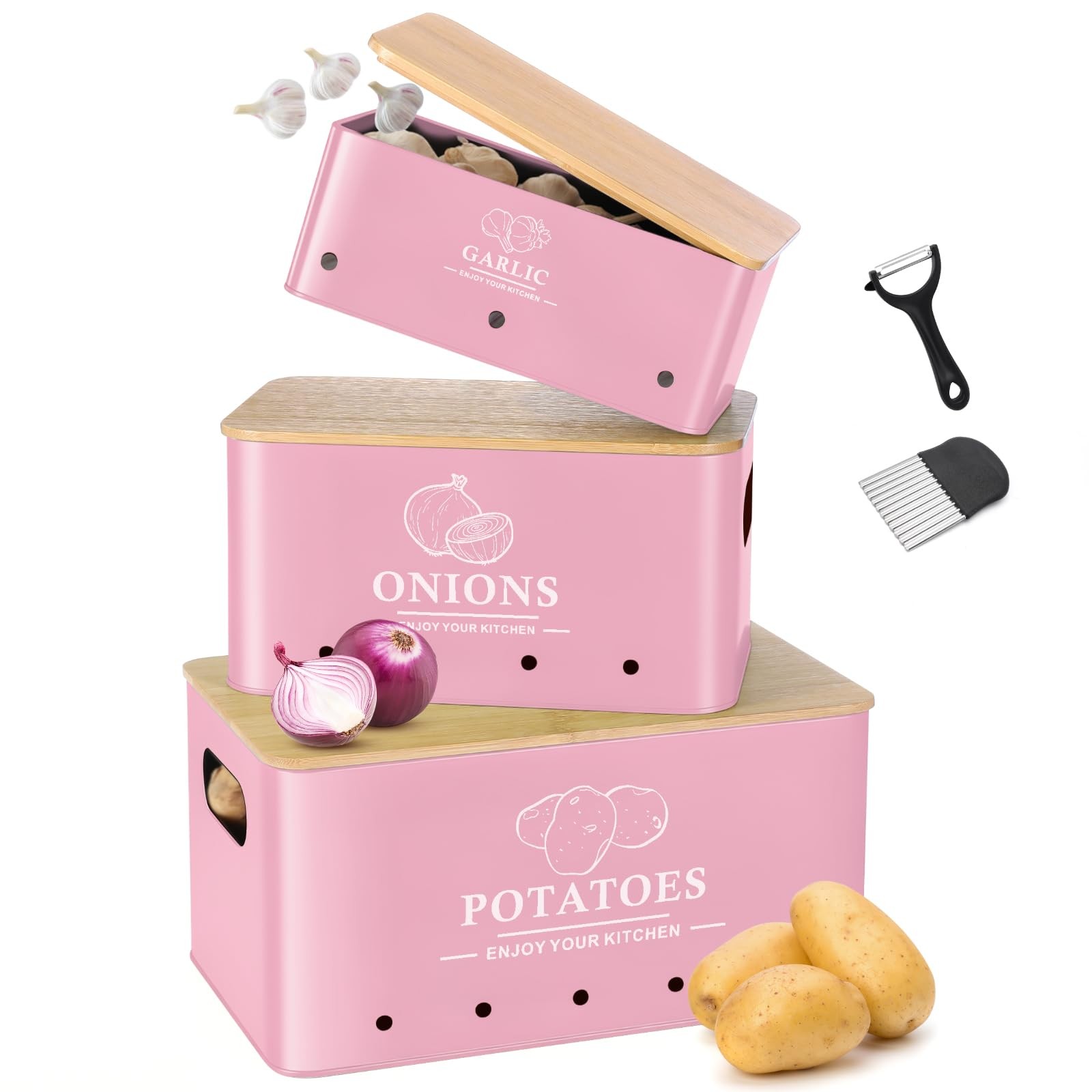 Dekosilave Kitchen Vegetable Storage Set of 3, Metal Onion Garlic Potato Stor
