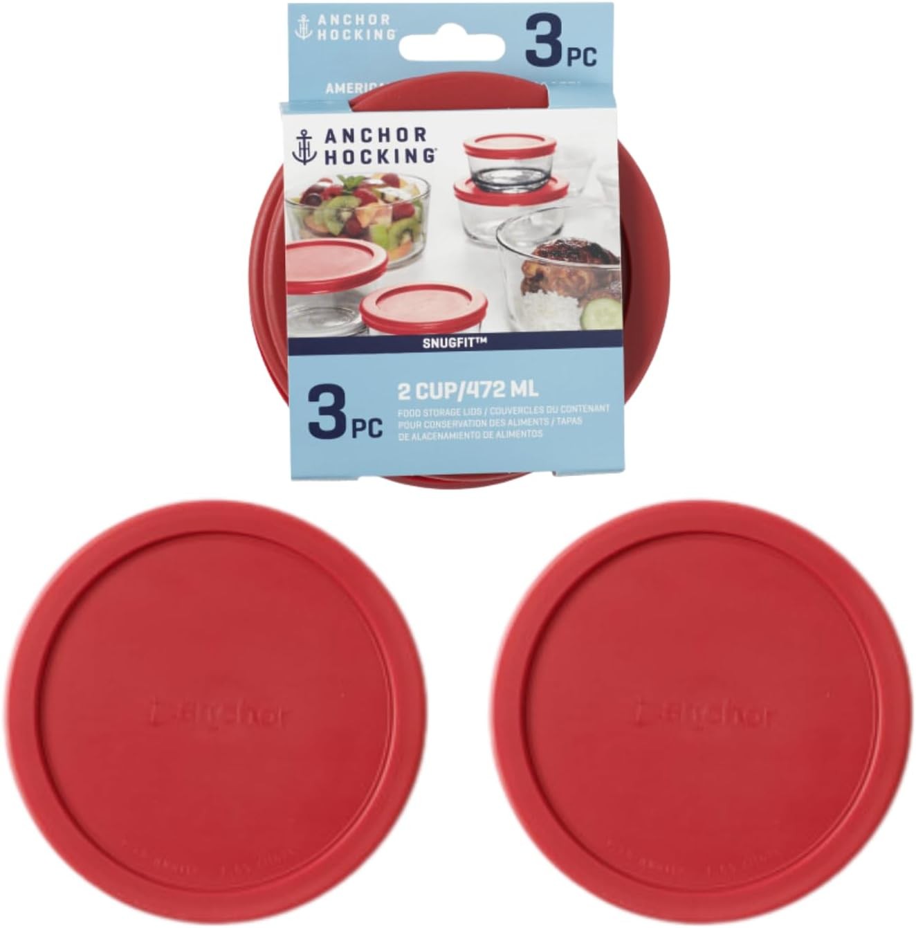 Anchor Hocking Classic Round Food Storage SnugFit 2 Cup Lid (set of 3), Red