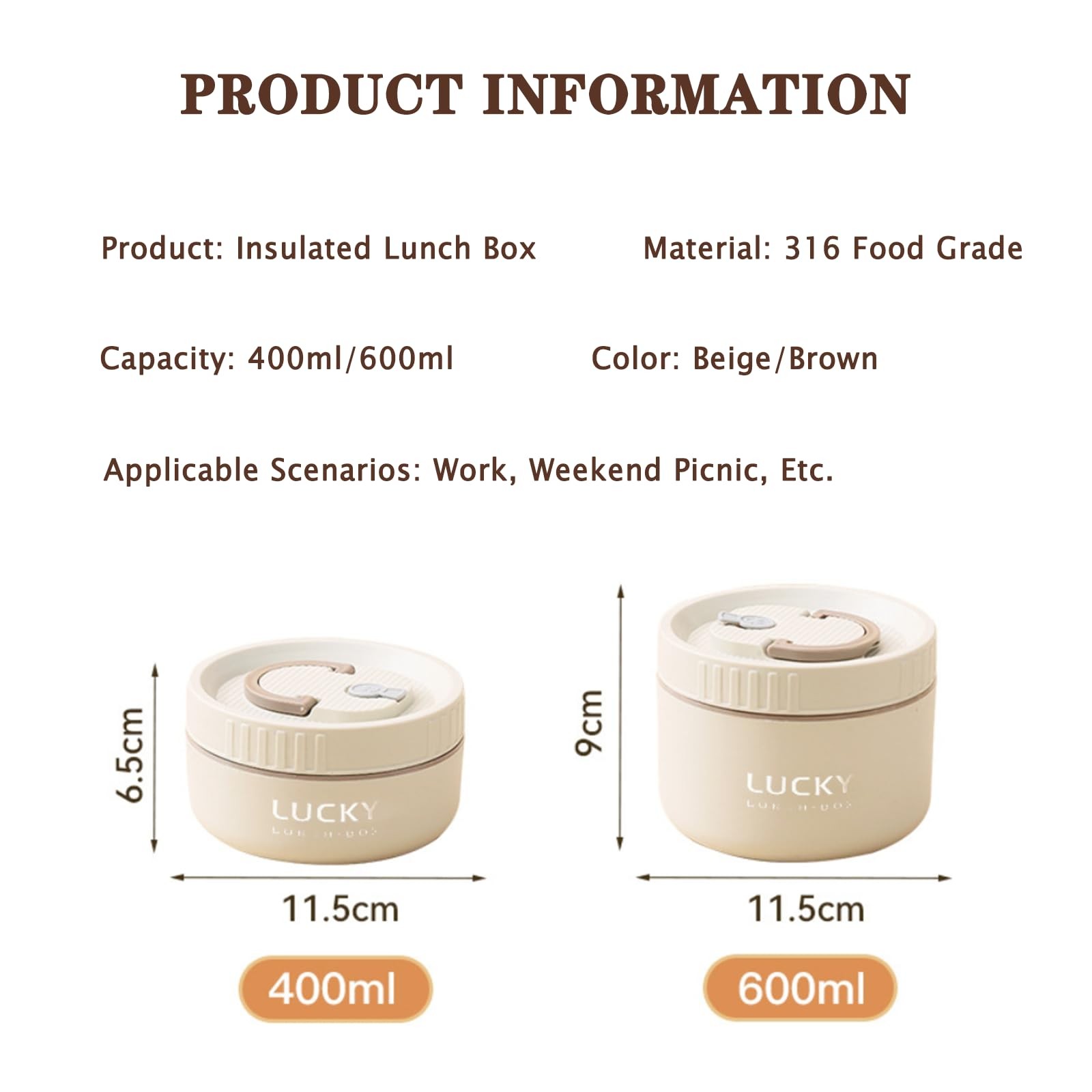 Ausenzup Stainless Steel Lunch Box, 3-Tier Brown, 1pcs, 600ml, Beige, Brown