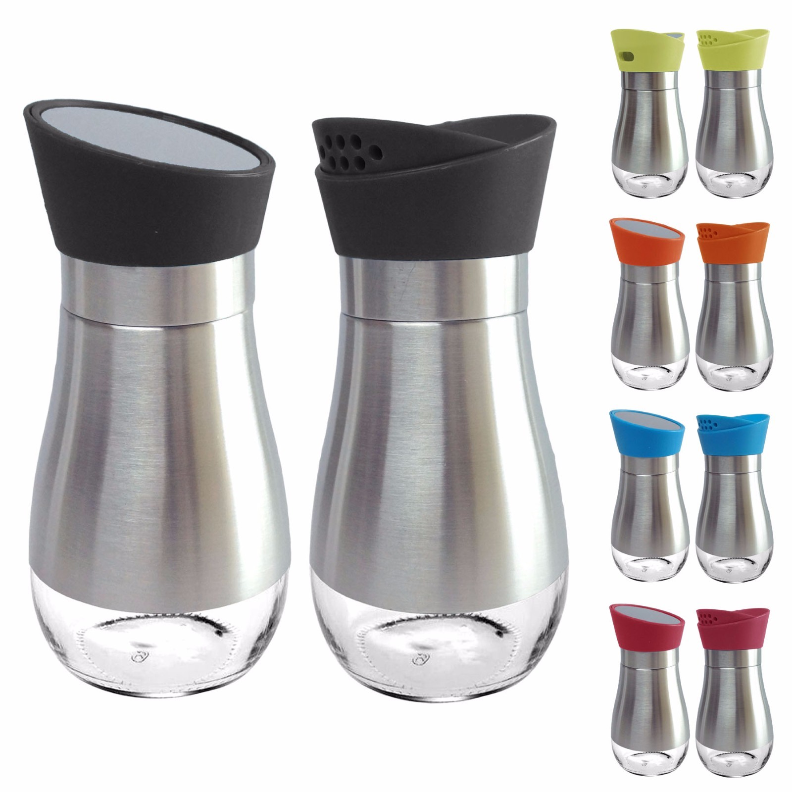 Stainless Steel Salt & Pepper Shakers Glass Bottom Rotating Cover Spice Sugar