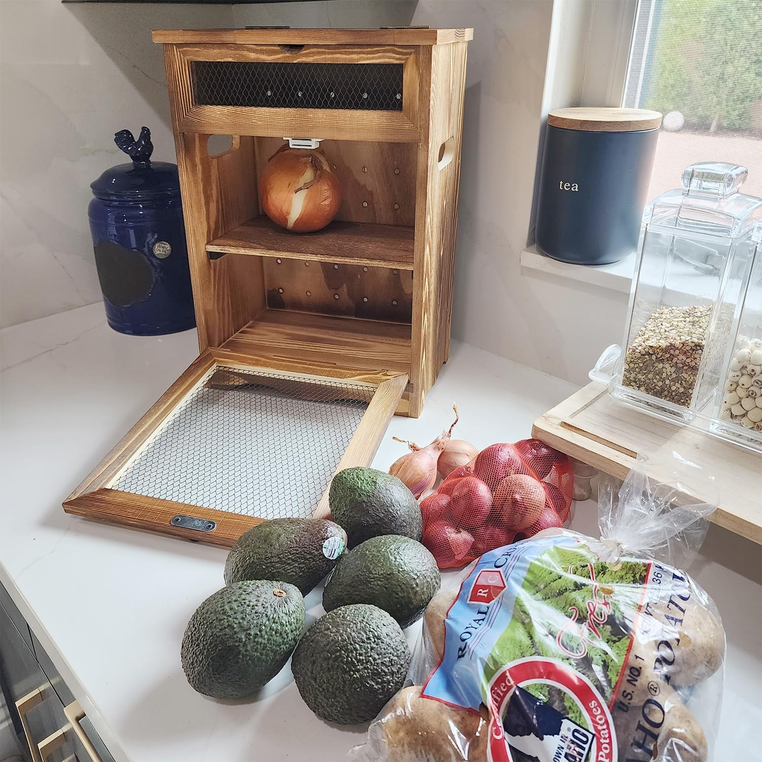 Design Free Assemble Wooden Countertop Potato and Onion Storage Bin Box,Counter