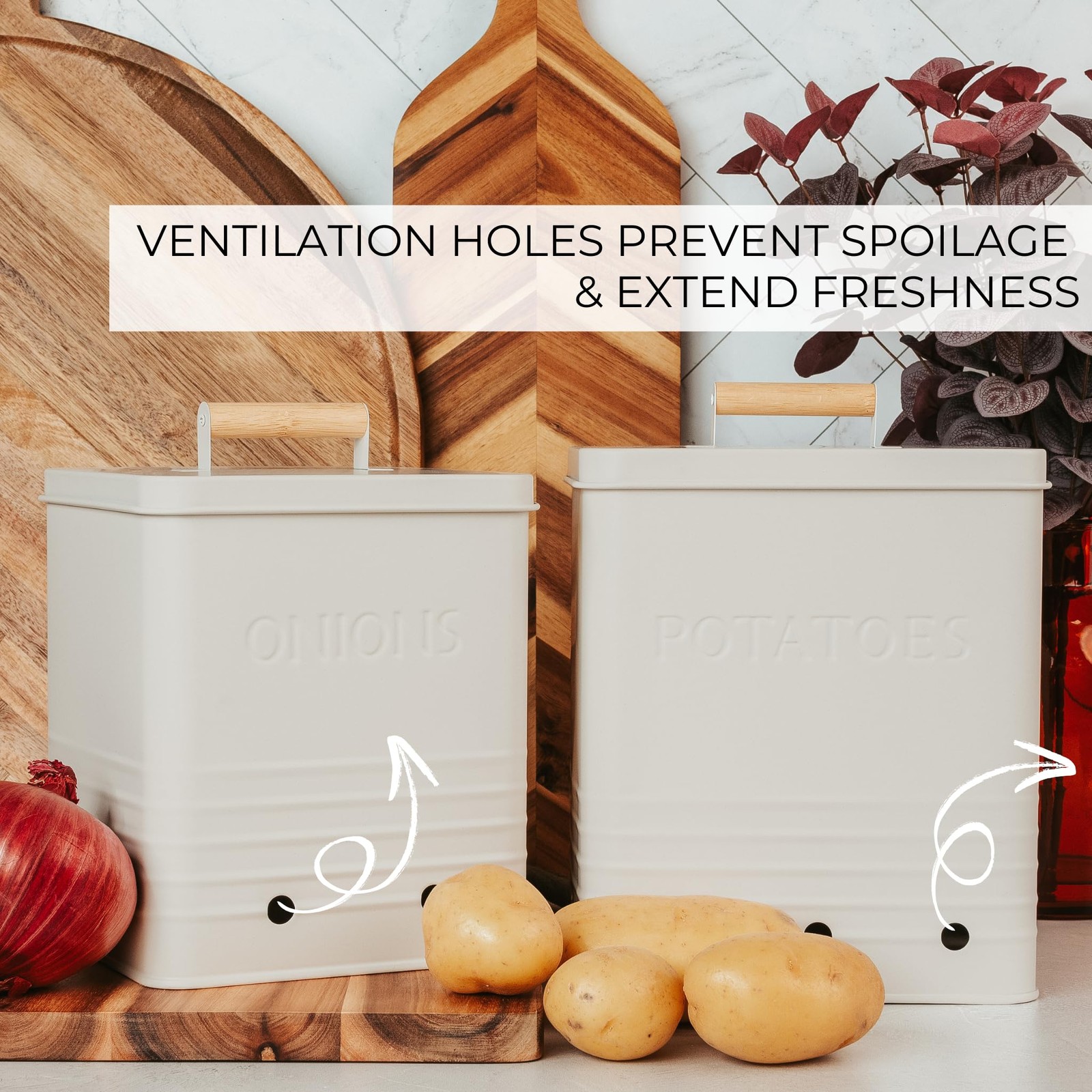 Metal Potato Onion Storage Canister Set Spacious Kitchen Counter Bins
