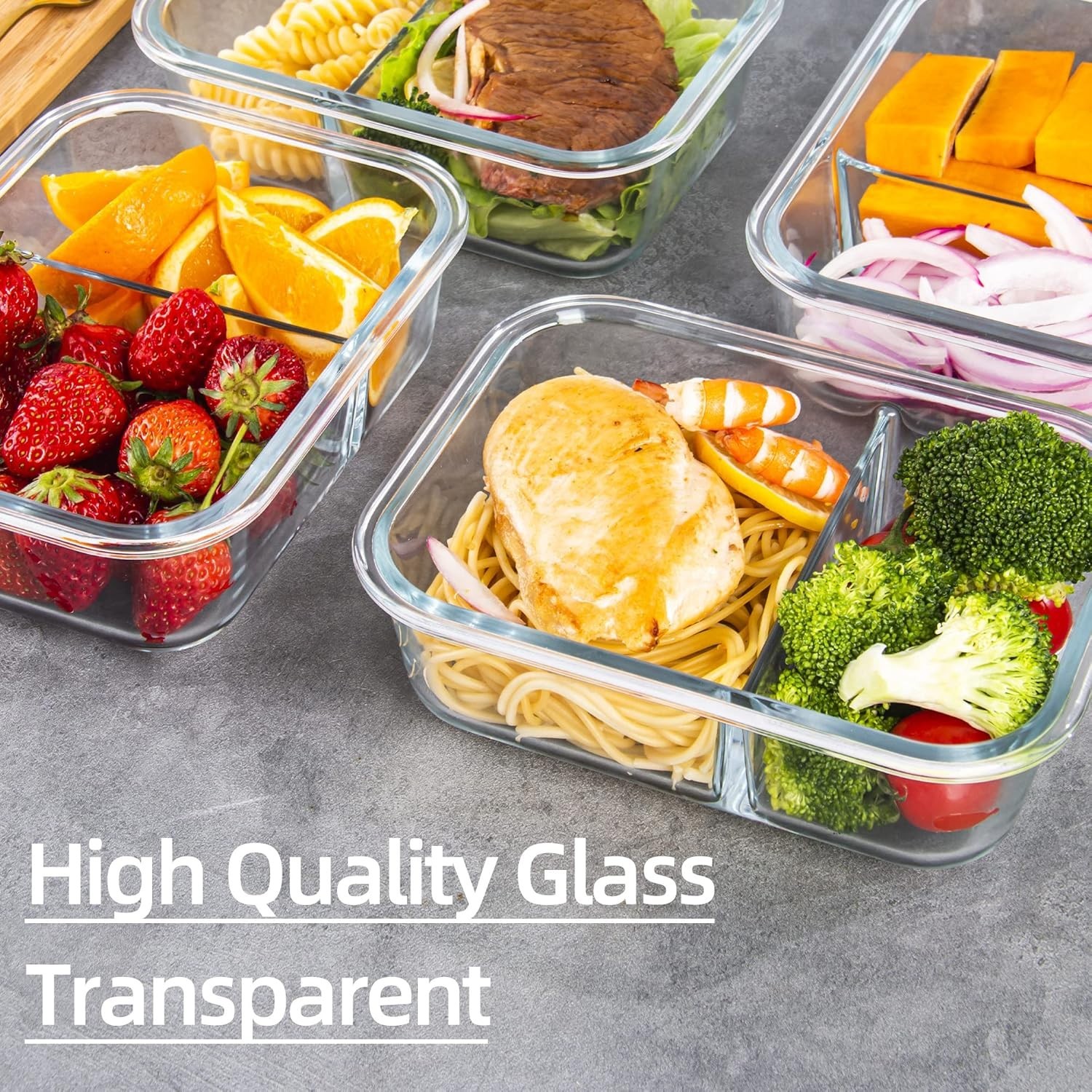 Glass Meal Prep Containers 2 Compartment with Lids (5 Pack, 34oz), Divided Glass