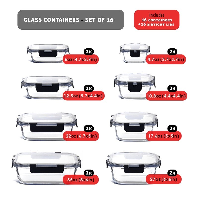 Airtight Stackable Glass Storage Containers Set Meal Prep Tupperware Leakproof