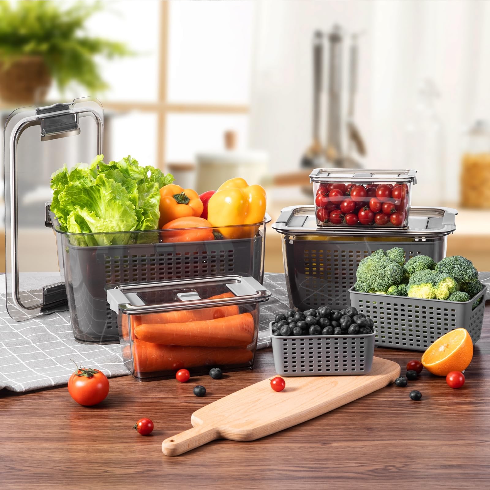 4 Pack Fruit Containers for Fridge, Vegetable Storage Container with Lids &Re…