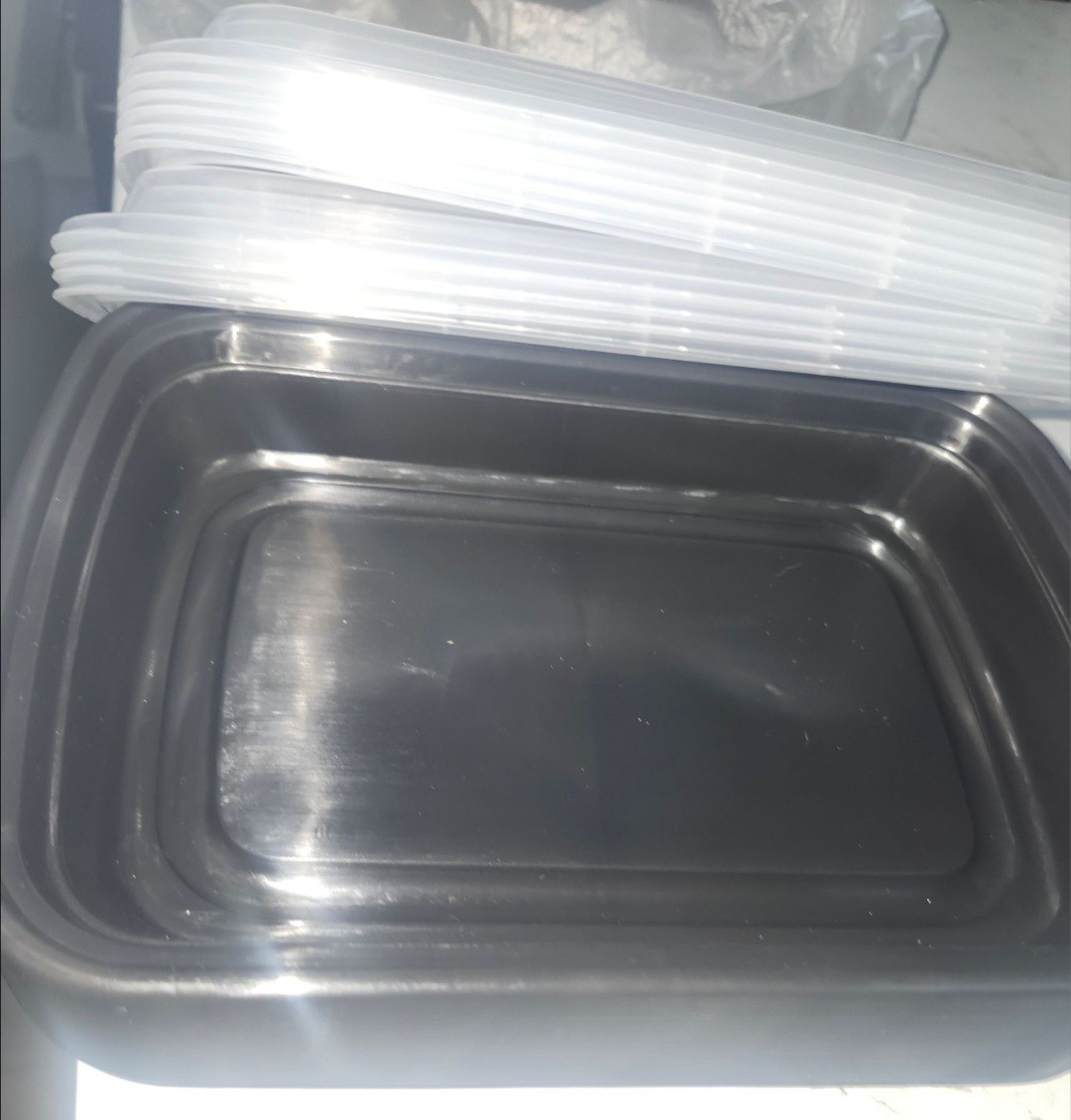 10 Plastic Microwavable Rectangular Black Food Containers with Clear Lids