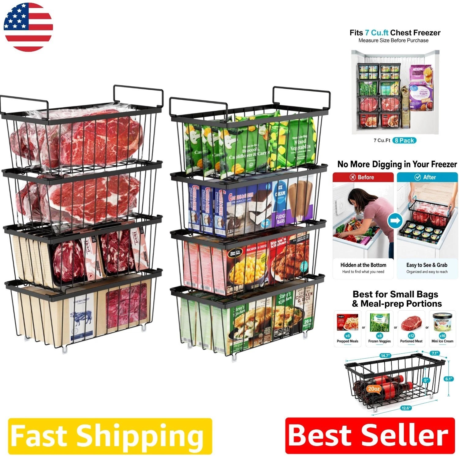 8pc Freezer Organizer Bins 14.7″ Stackable Metal Baskets Rust-Resistant
