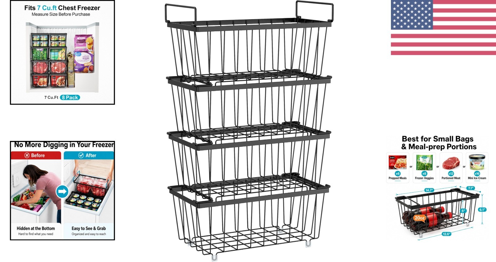 Stackable Wire Basket Set for Freezers – Heavy-Duty, Easy Access Design (4 Pack)