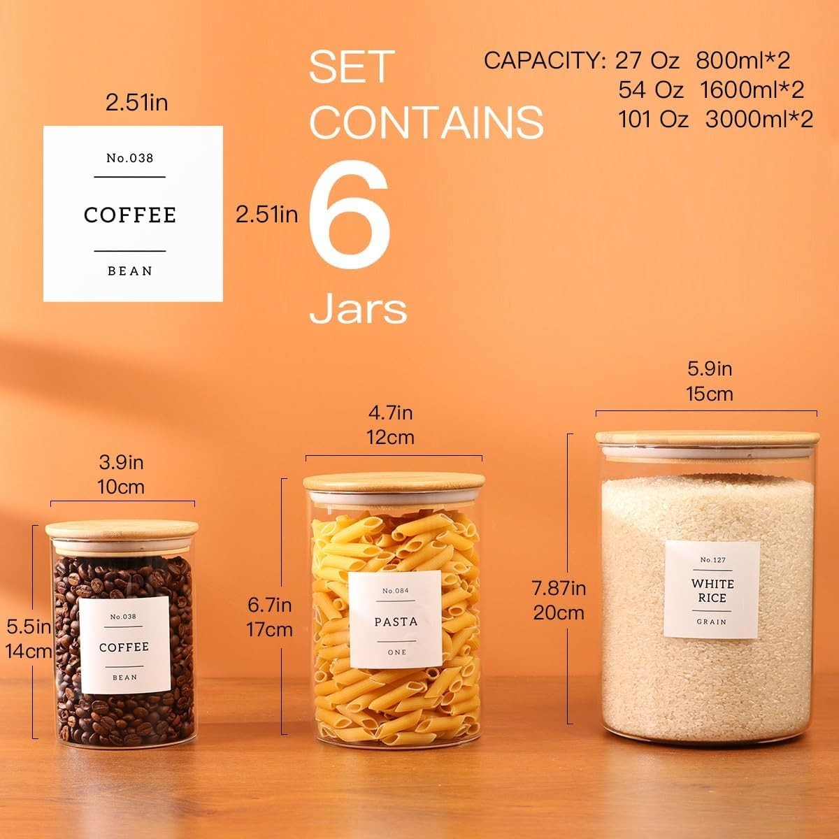 6-Pack Borosilicate Glass Storage Jars W/ Bamboo Lids 132 Pre-Printed Pantry