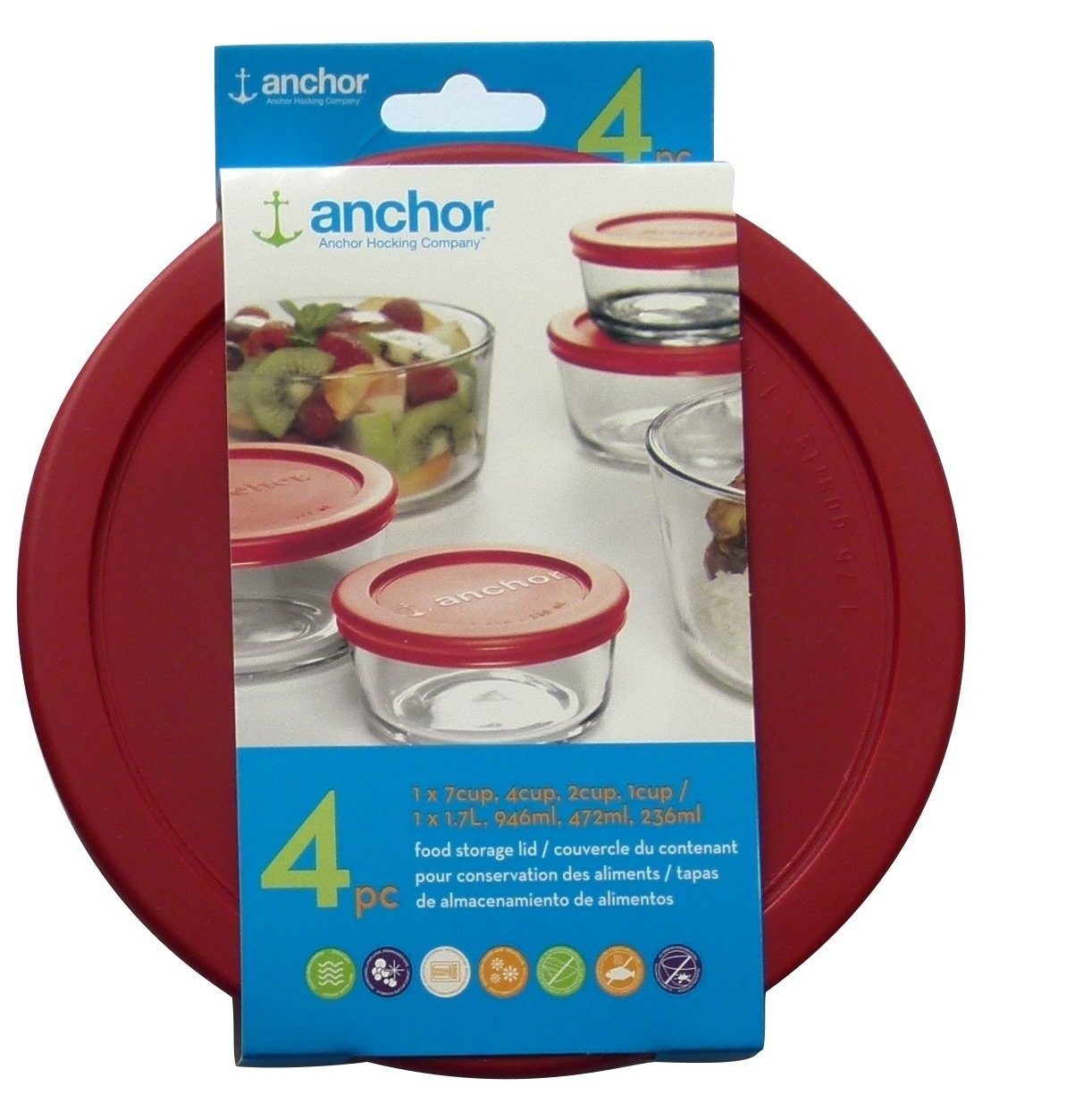 Anchor Hocking Replacement Lids 1x7cup,1x4cup,1x2cup,1x1cup, red Round lid Red