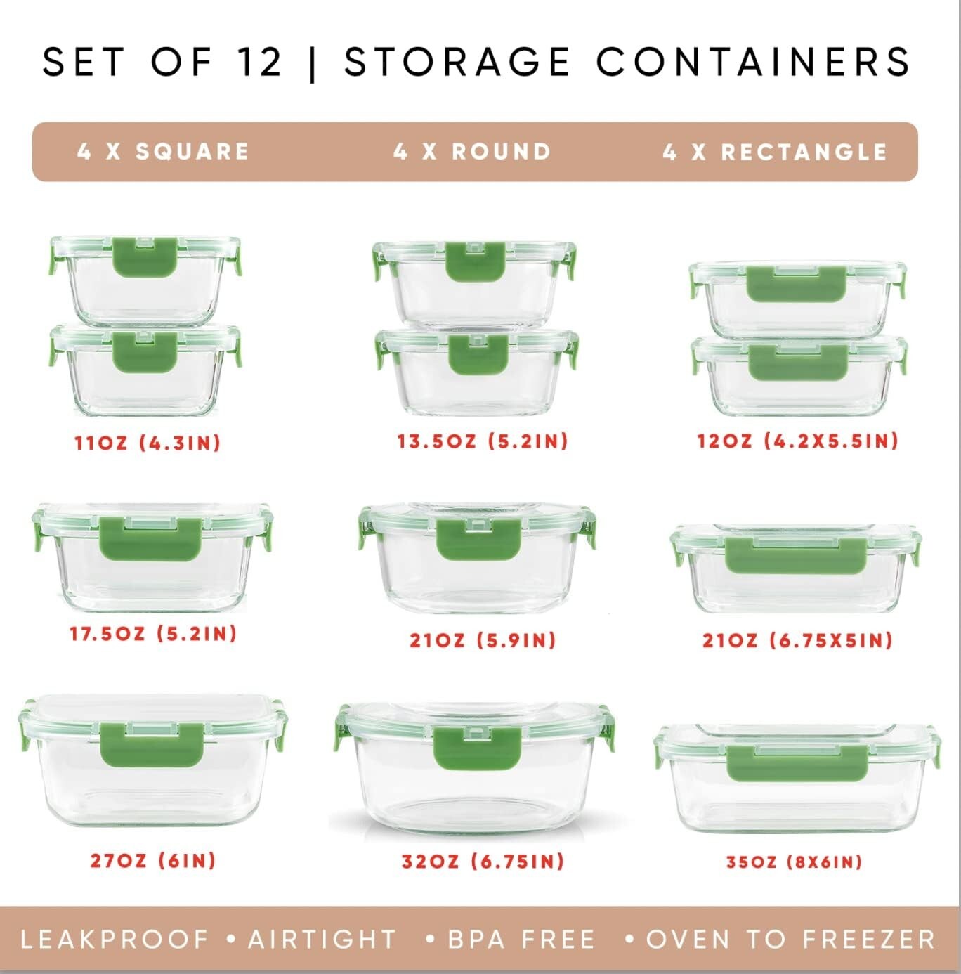 JoyFul 24pc Borosilicate Glass Storage Containers with Lids. 12 Airtight, Freeze