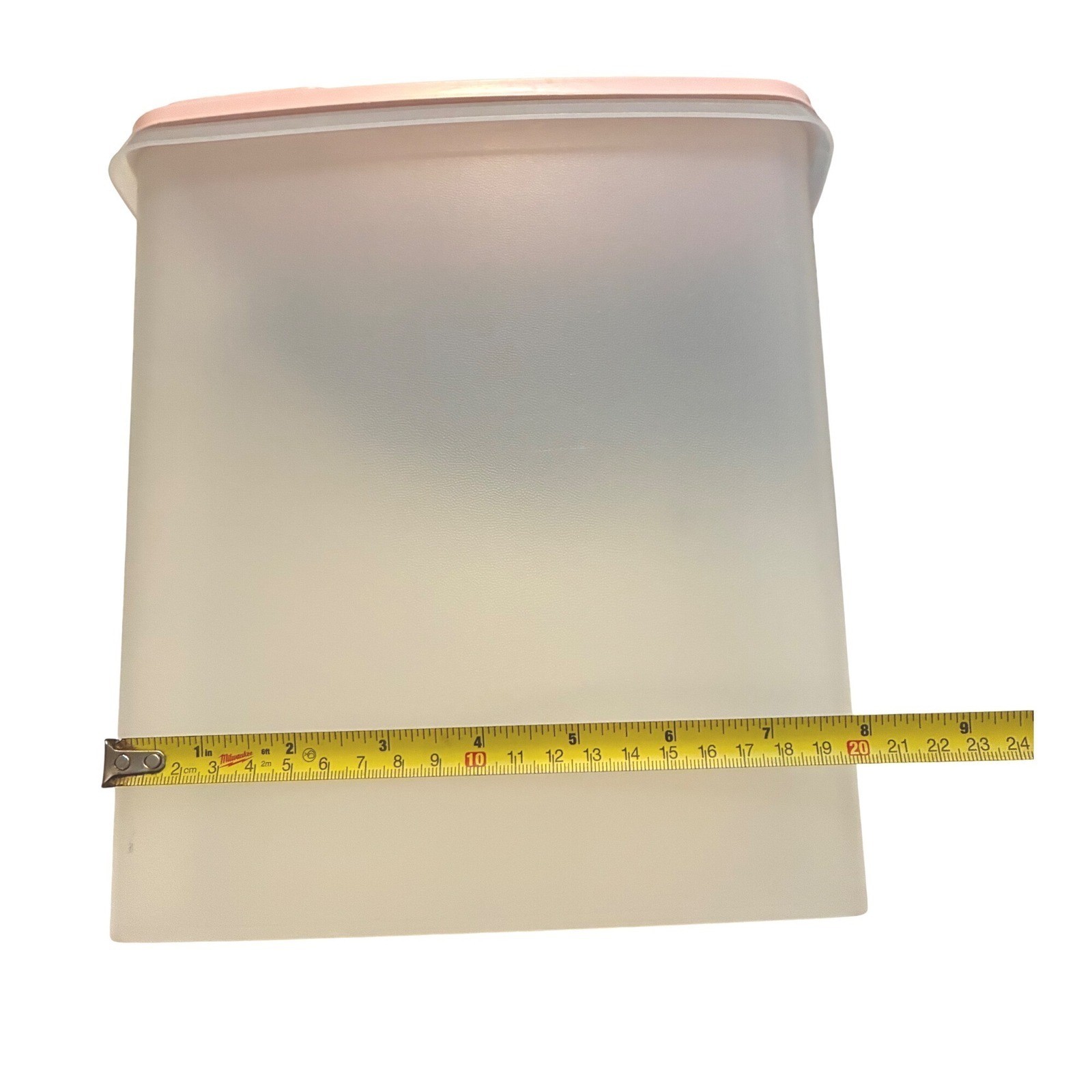 VTG Tupperware #1588-8 Pink Cereal Keeper-Red Lid. 9.5″h x 9″l x 4″w.