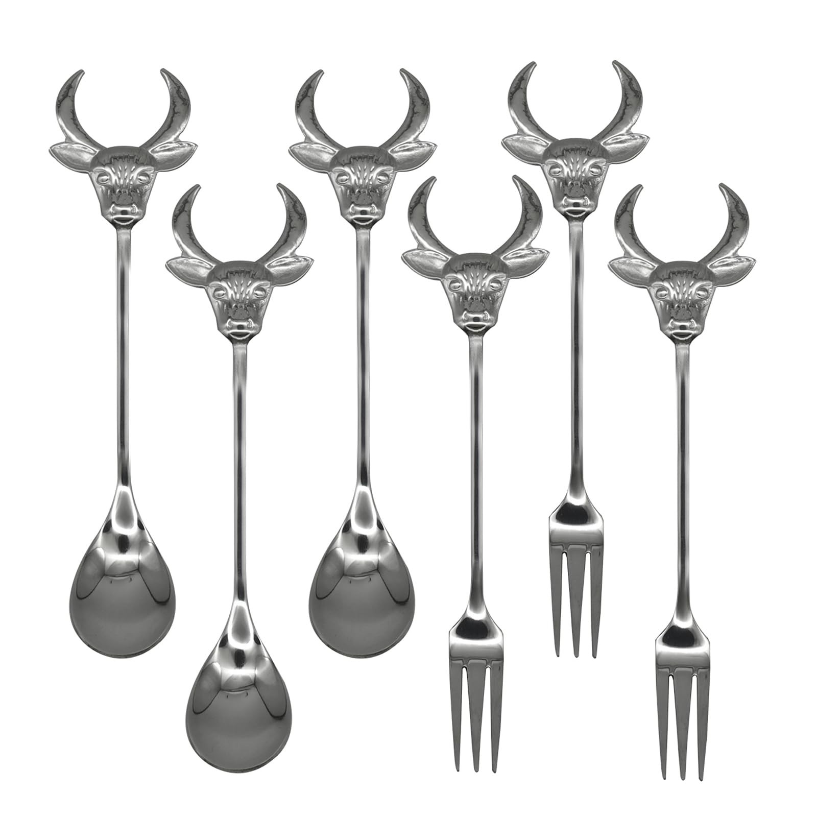 Pinenjoy 6Pcs Cow Spoon Fork 5.43inch 18/10(304) Stainless Steel 5.43, Silver