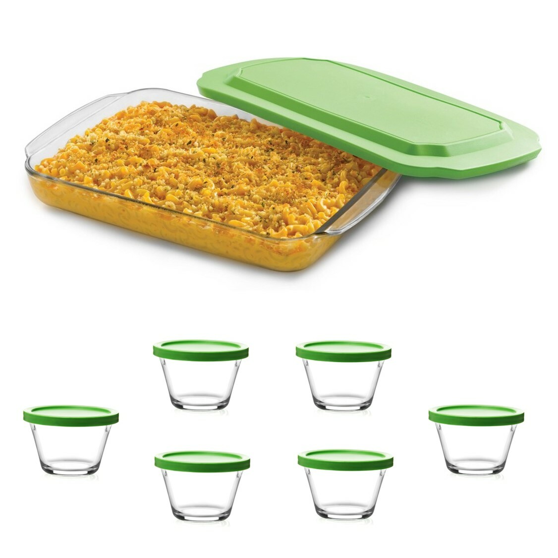 LIBBEY 9X13 CASSEROLE BAKE DISH W/LID AND 6-PC RAMEKIN GLASS STORAGE CONTAINERS