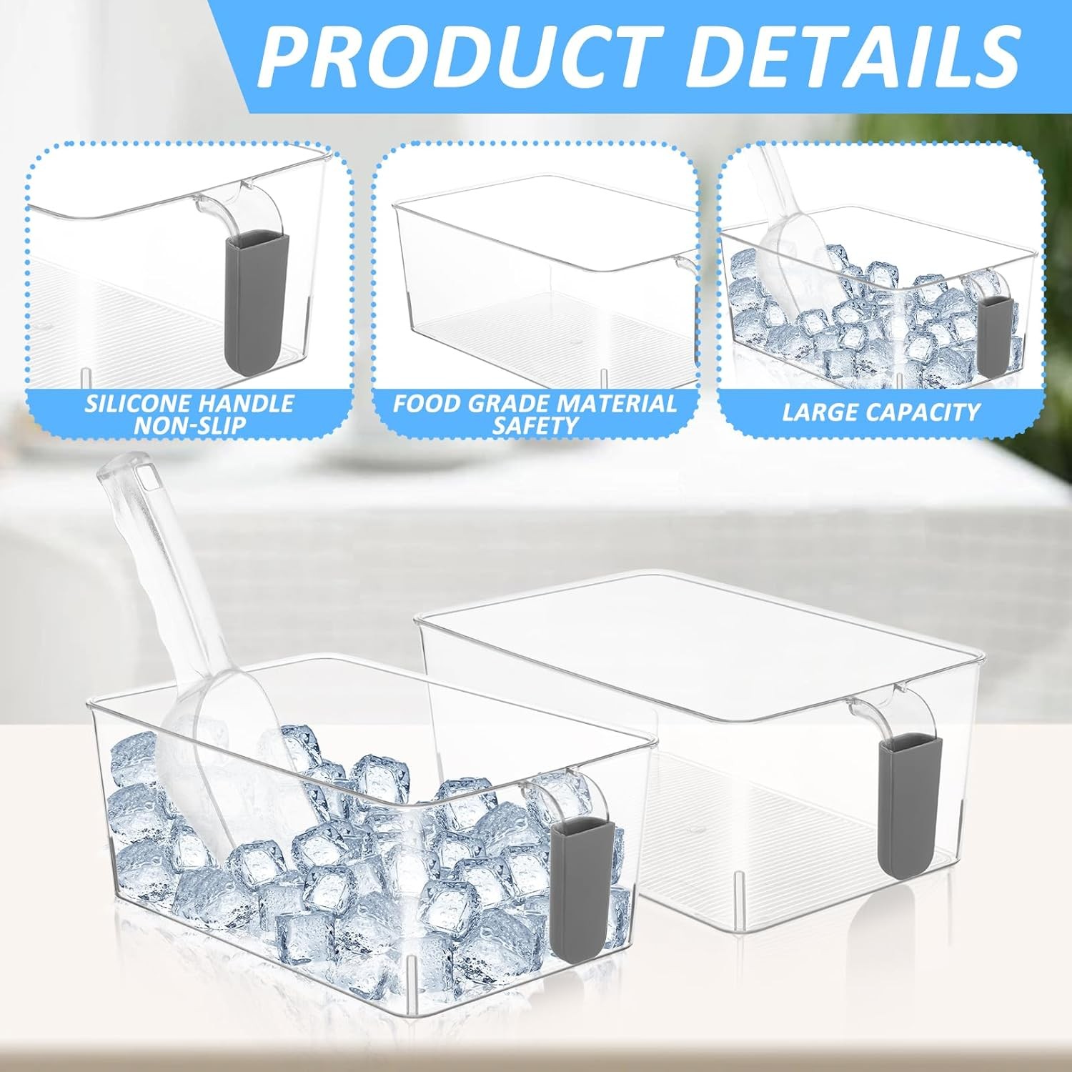 2 Set Ice Storage Bins Freezer W/ Lid & Flexible Scoop Transparent Plastic Ice