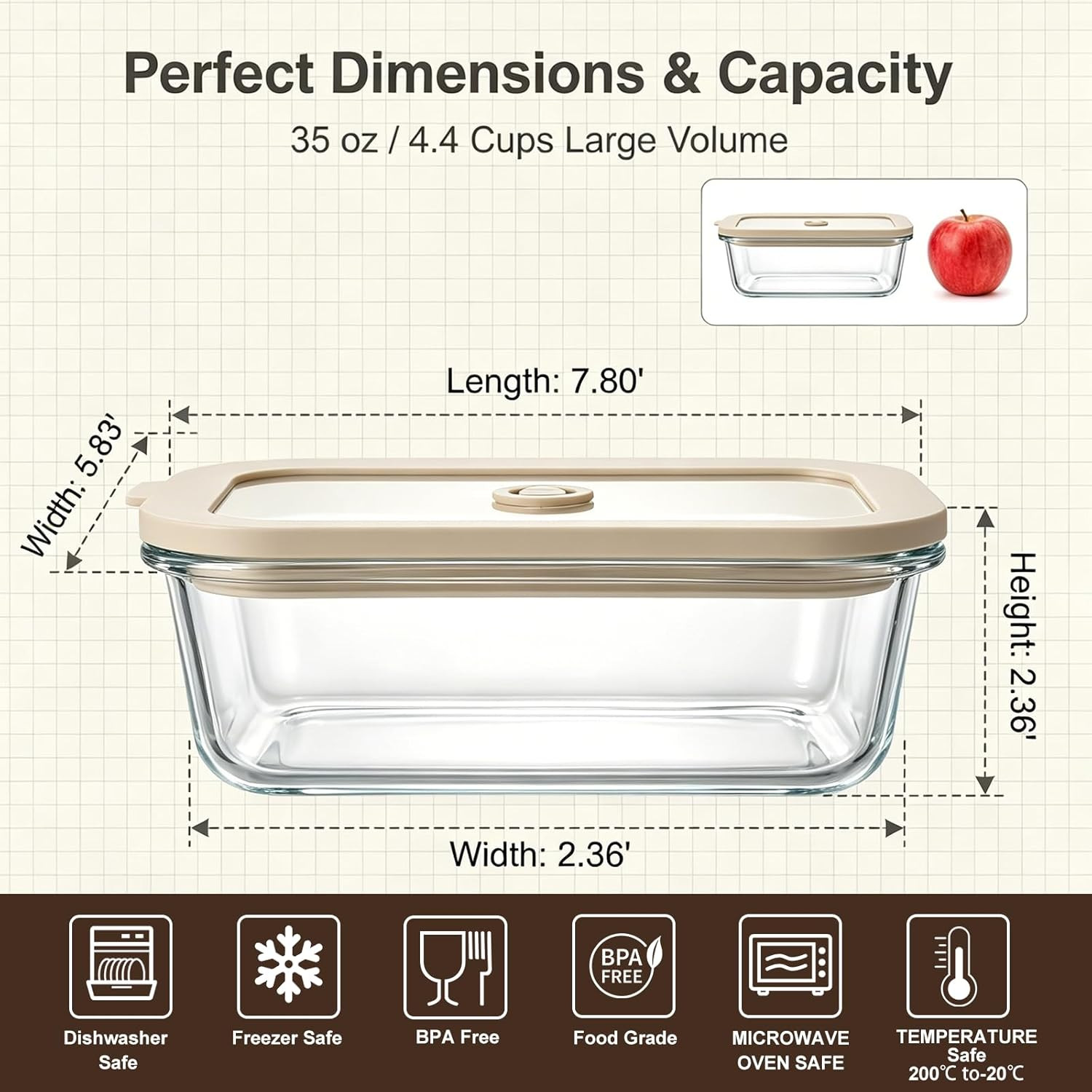 5 Pack 35 Oz Glass Meal Prep Containers, Plastic-Free Glass Food Storage Contain