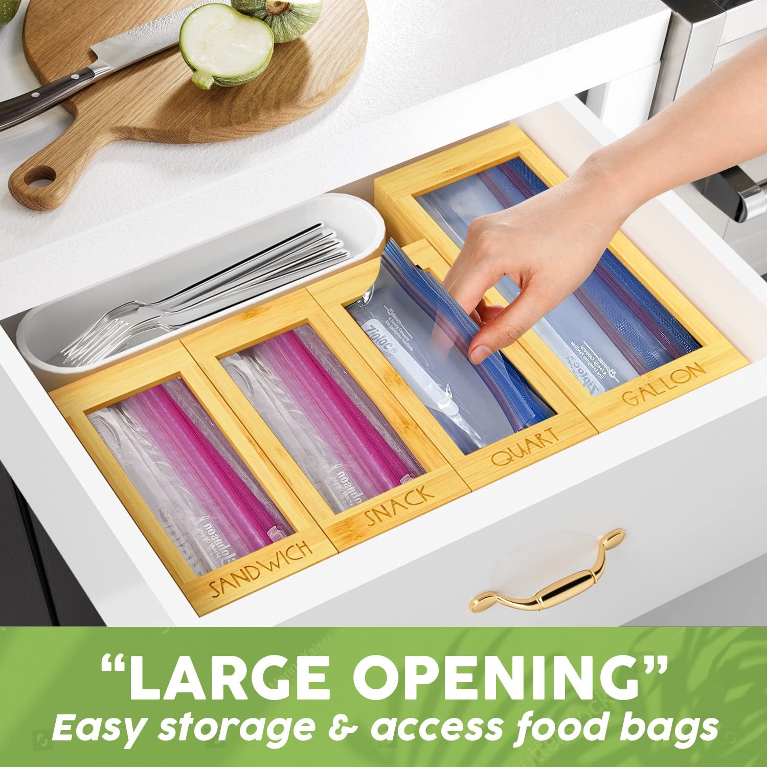 Bamboo Storage Bag Organizer, 4 Separate Food Storage Bags, 12×14 Baggie Orga…