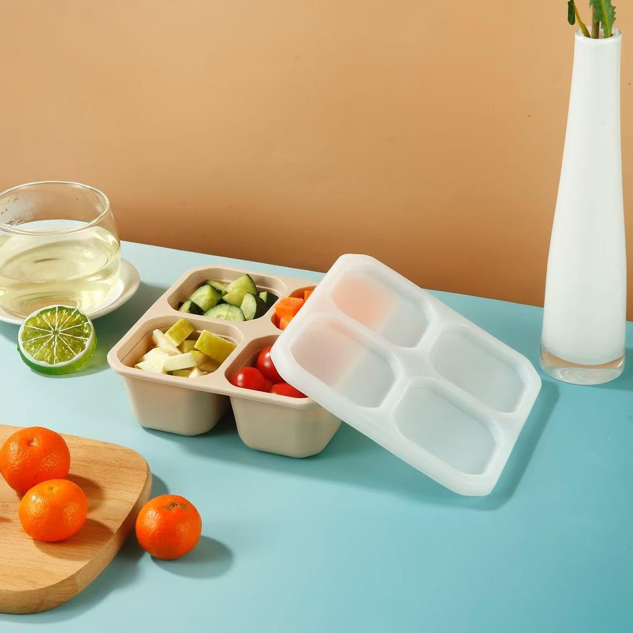 PandaEar 2 Pack Snack Containers, 4 Compartment Silicone Small, Blue&Linen
