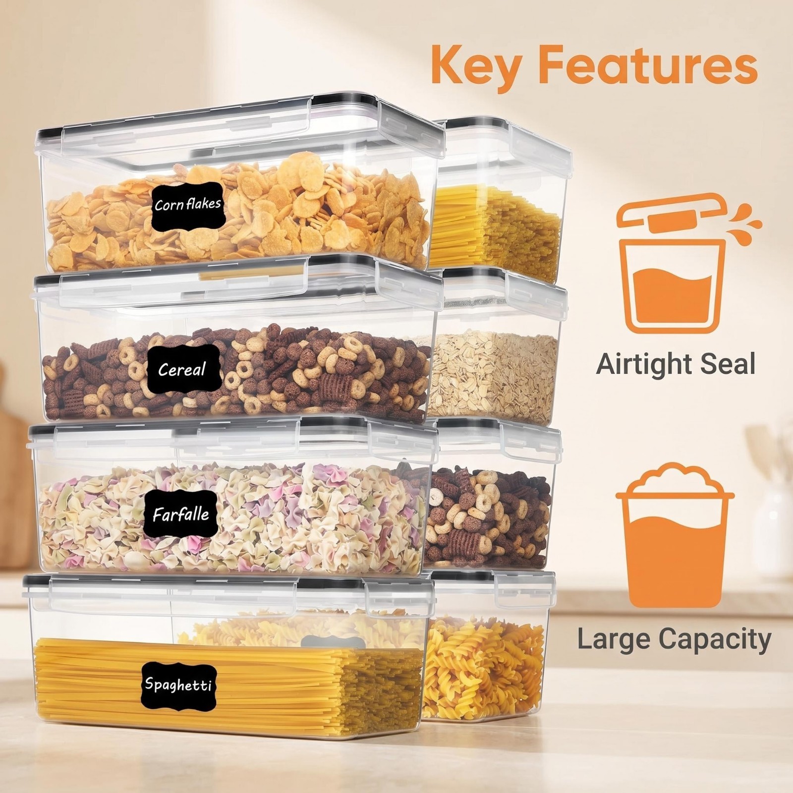 Airtight Food Storage Containers With Lids 8PCS Set 3.2L, Crisper Box, Plastic