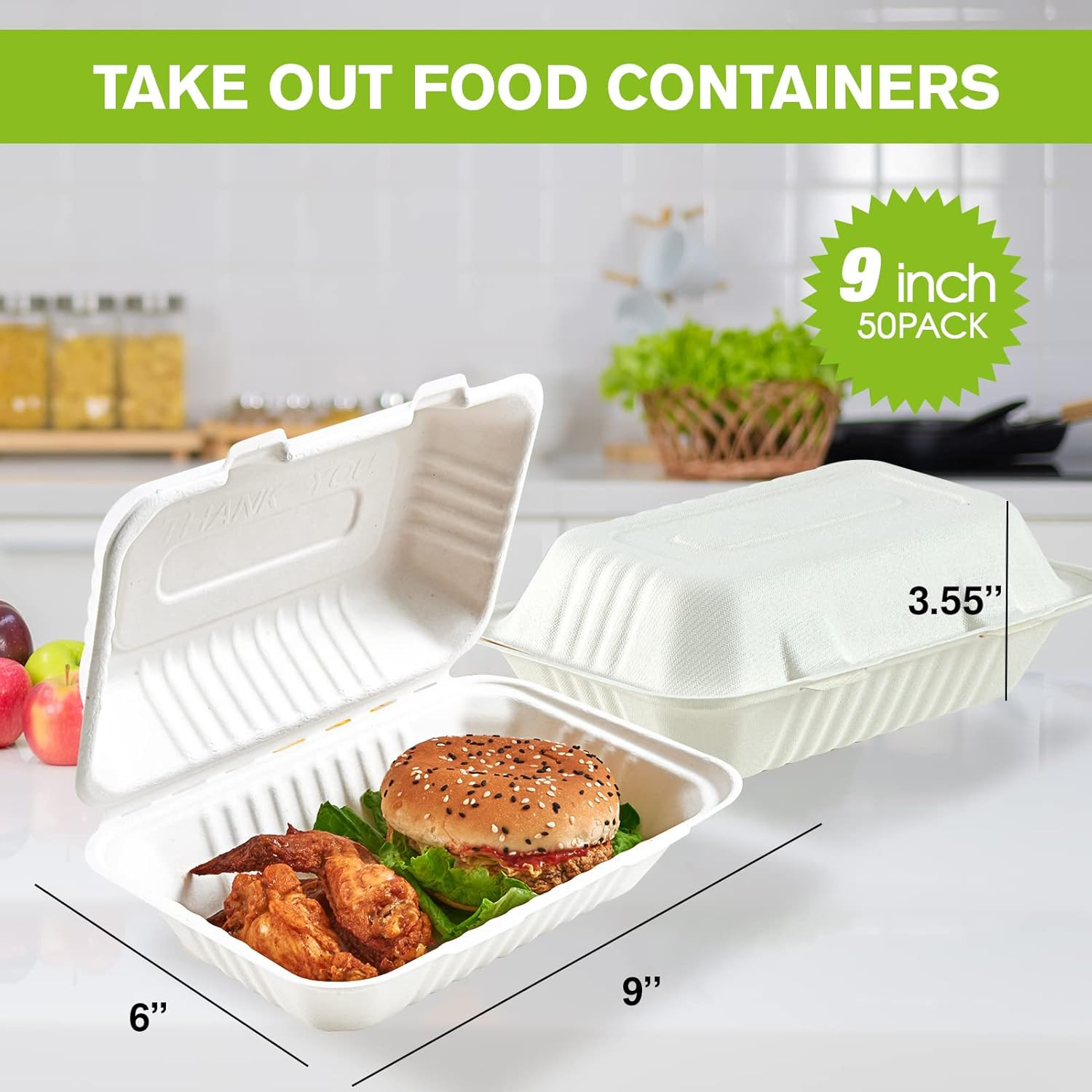 Clamshell Take Out Food Containers, 9 * 6 Inch 75-Pack Disposable to Go Containe
