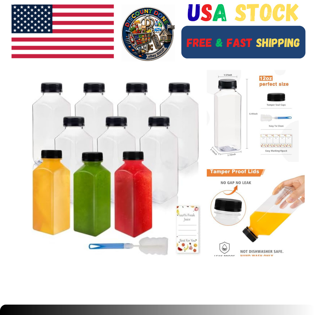 10 Pcs 12oz Plastic Juice Bottles With Caps, Reusable Food Grade Chear Juice Con