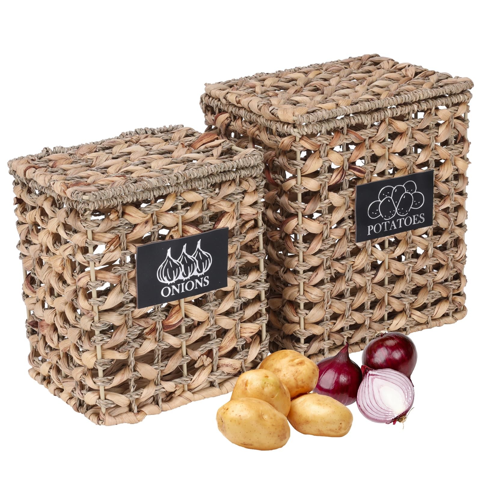2 Pack Potato and Onion Storage Bin, Stackable Woven Basket with Lid, Vegetab…