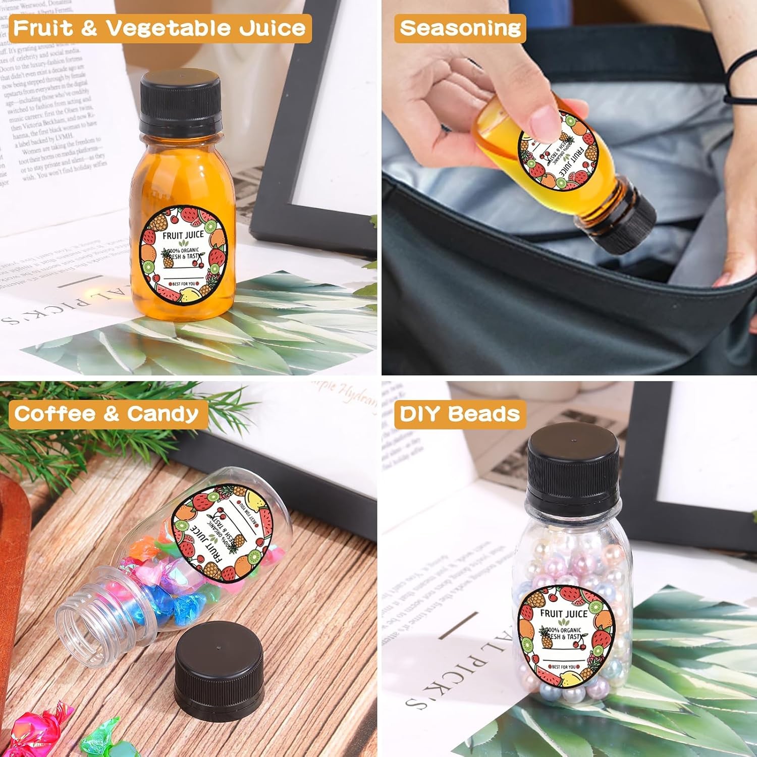 100 Pcs 2 oz Plastic Juice Shot Bottles W/ Caps Lids Ginger Shot Bottles BPA