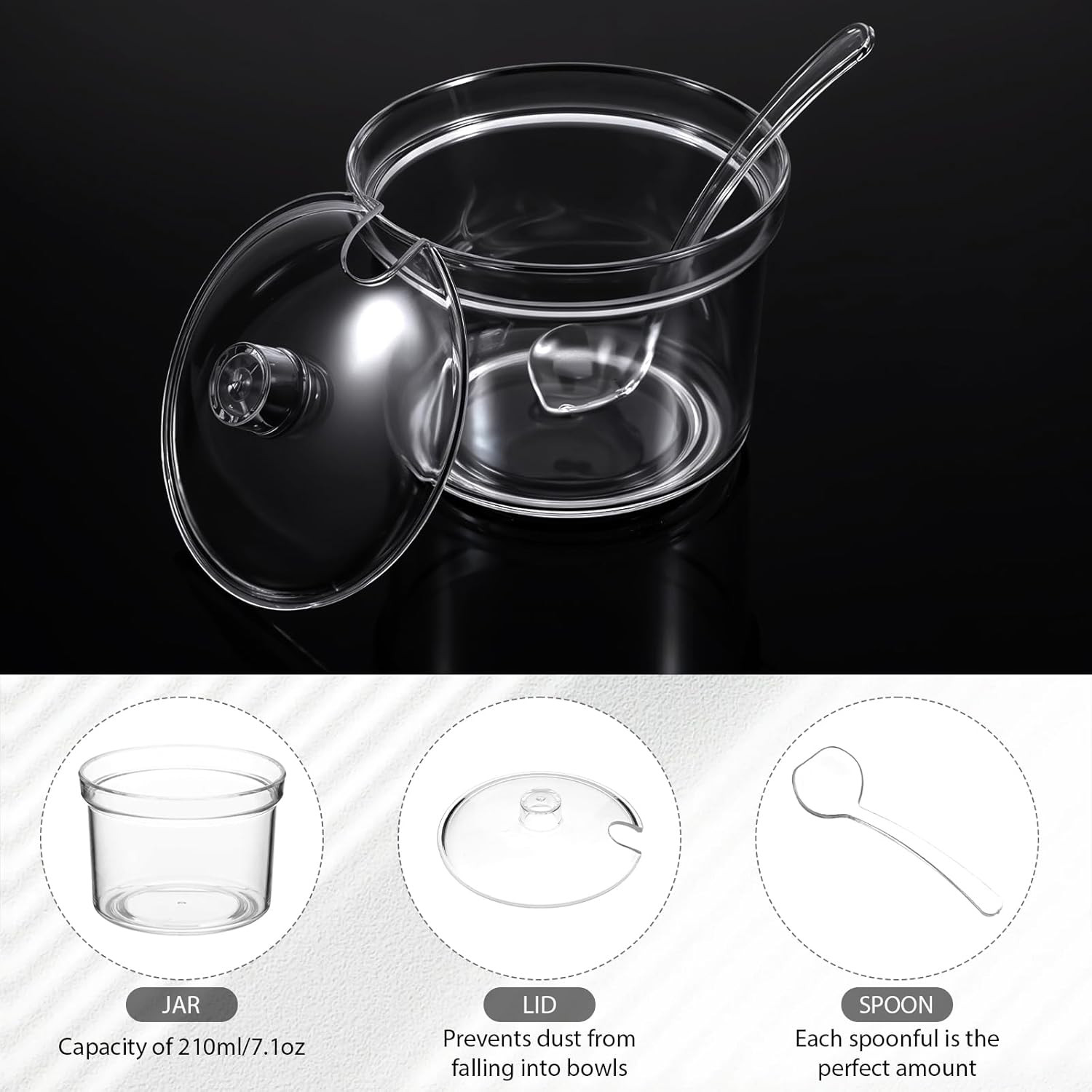 16Pcs Toppings Containers with Lids and Spoon with Tag, 7.1 Oz Clear Acrylic Sug