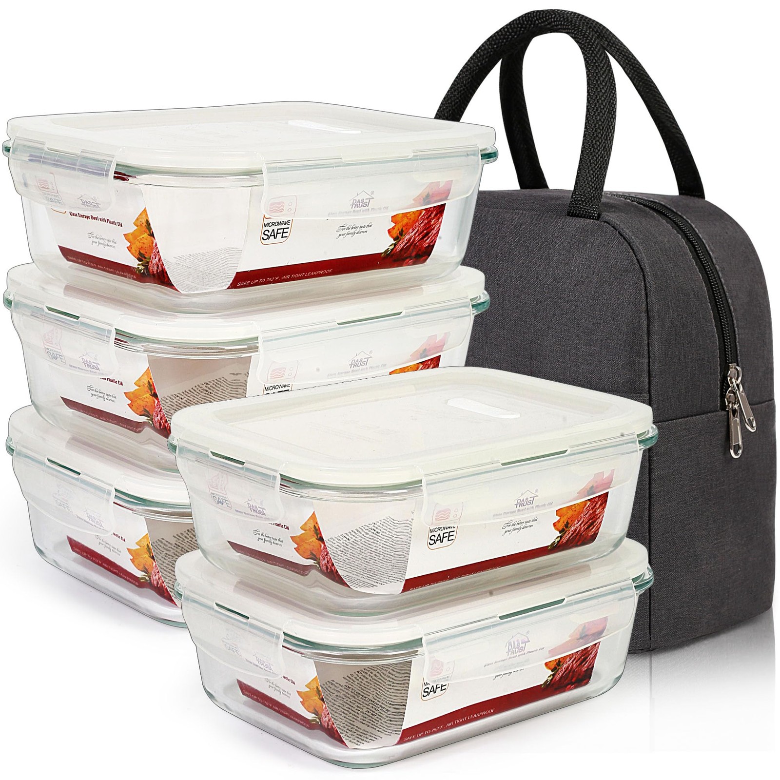 DAS TRUST [5-Packs, 36 Oz. Glass Meal Prep Containers with Locking Lids Glass…