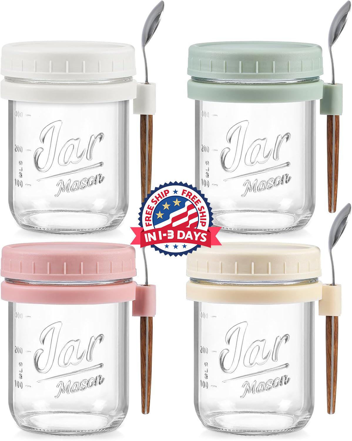 Paquete de 4 recipientes para avena nocturna con tapas y cucharas, 16 oz