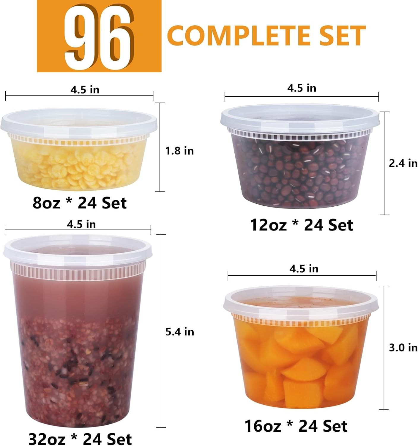 96 Pack 192-Piece Deli Containers W/ Lids 32/16/12/8 oz X 24 Set Each Leak-Proof