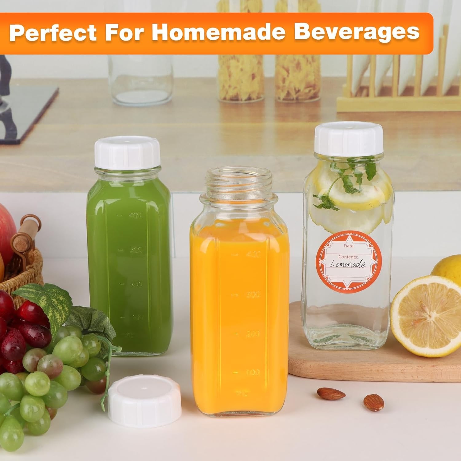 4 Pack 16 OZ Glass Milk Bottles W/ Lids Glass Juice Bottles W/ Scale & Silicone