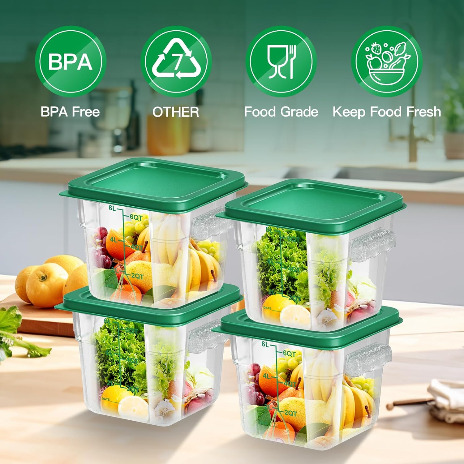 4 Pcs 6Qt Food Storage Containers with Lid, Square Clear Commercial Storage Cont