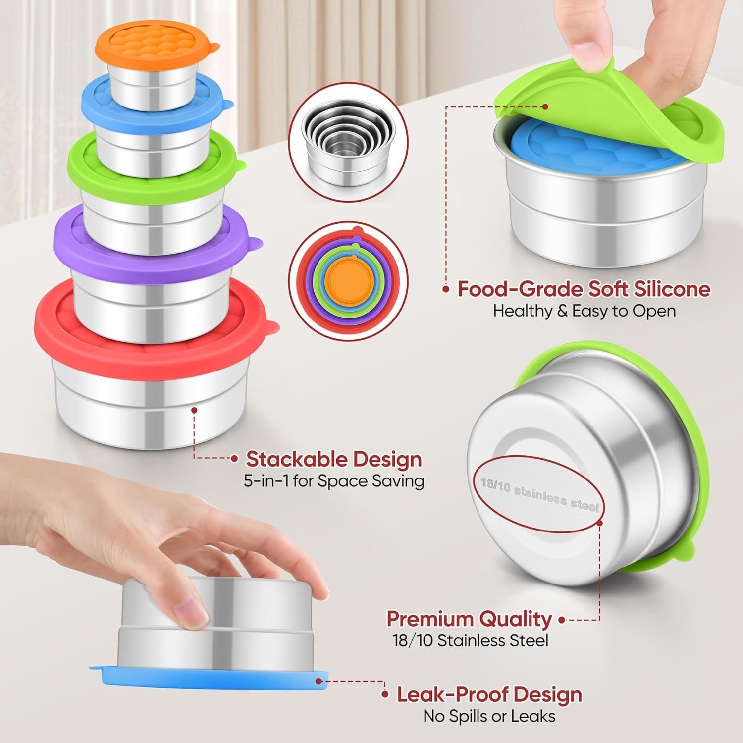 Stainless Steel Food Containers With Lids 3oz,6oz,12.85oz,20oz,30oz Set Of 5