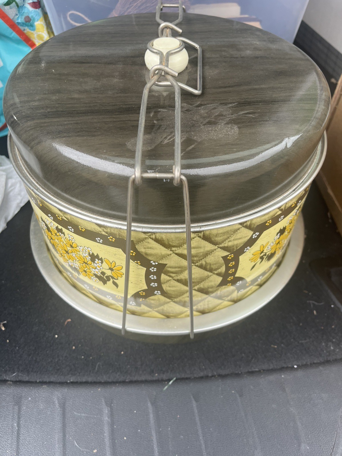 Vintage Triple Decker Food Carrier by J.L. Clark Daisies Flowers Yellow