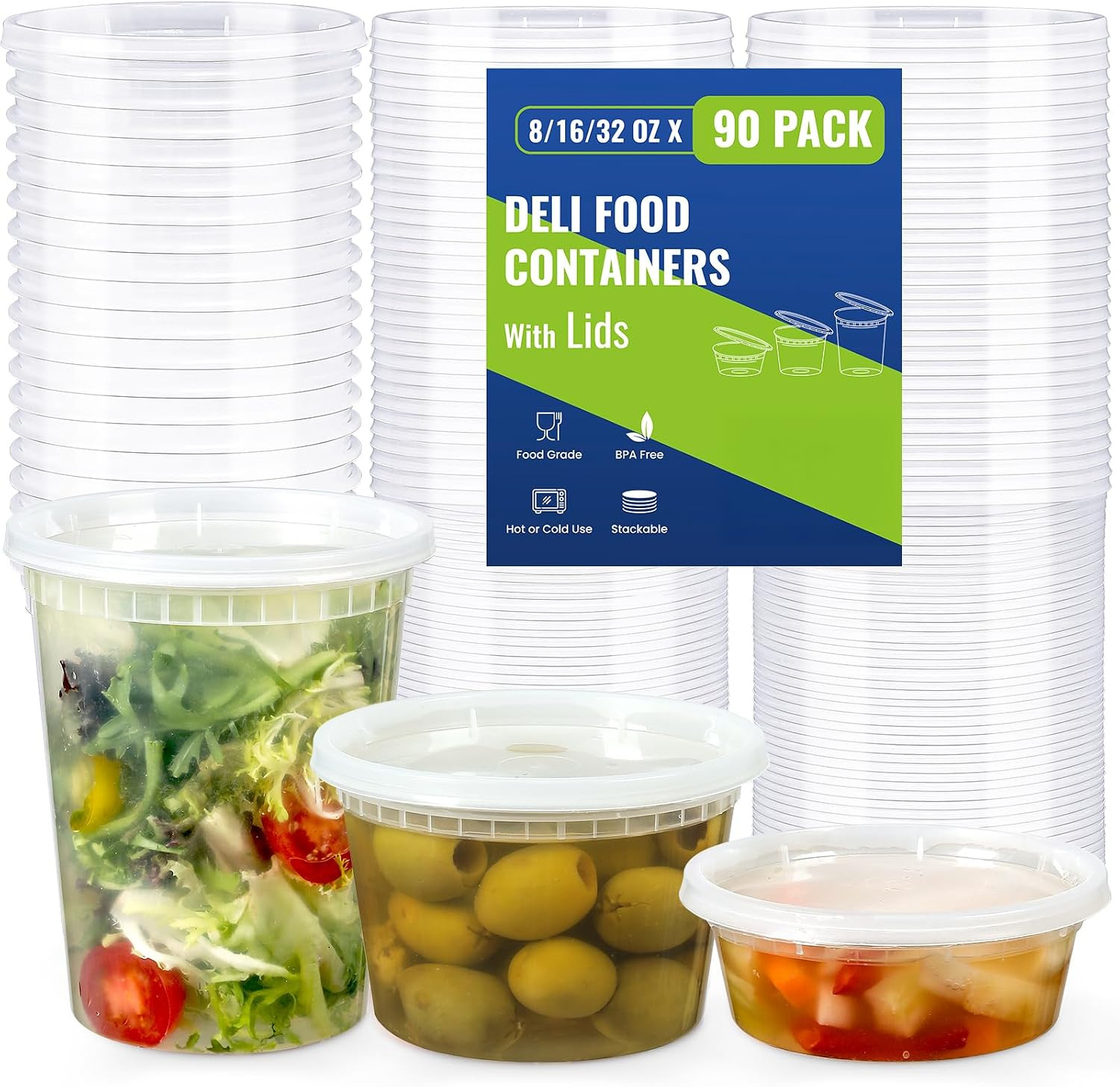 90 Sets Plastic Deli Containers with Lids, Assorted Sizes (8 Oz 16Oz 32Oz) Varie